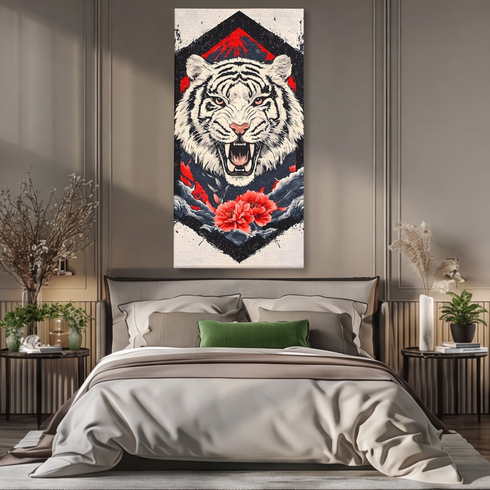 Tablou canvas cu tablou canvas cu tigru alb si flori rosii, fara rama, pe sasiu de lemn, pe perete intr-un dormitor